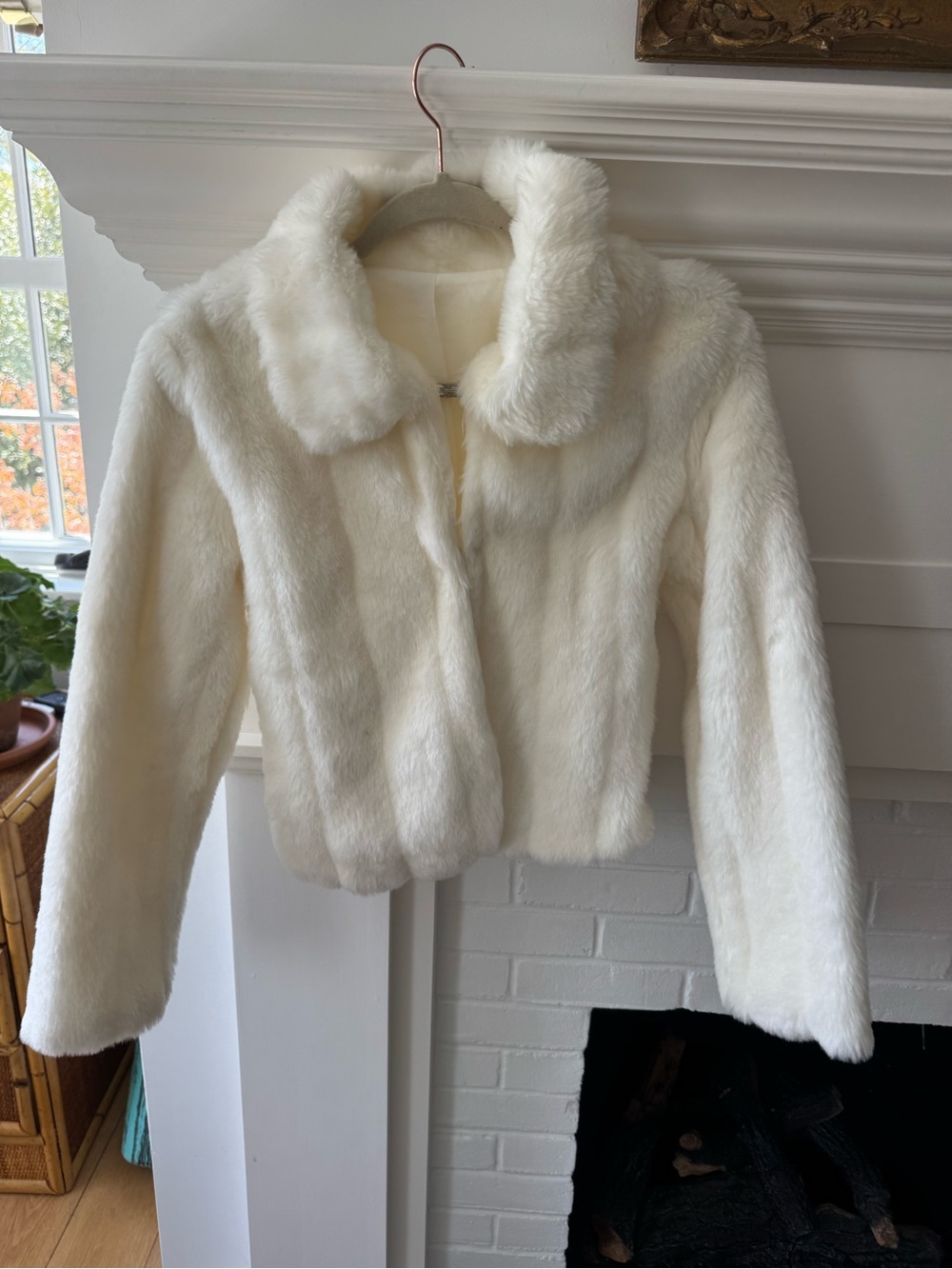 Cream Faux Fur Cropped Coat with Plush Collar